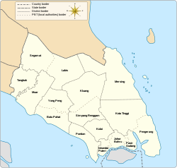 Mapa státu Johor s vyznačenými okresy