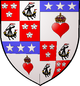 Quarterly: 1st and 4th grandquarters: quarterly: 1st and 4th Gules three cinquefoils Ermine (for Hamilton); 2nd and 3rd Argent a lymphad with the sails furled proper flagged Gules (for Arran); 2nd and 3rd Argent a heart Gules imperially crowned Or on a chief Azure three mullets of the first (for Douglas).
