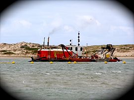 Dredging the Murray Mouth. View from Hindmarsh Island Dredge Murray Mouth.jpg