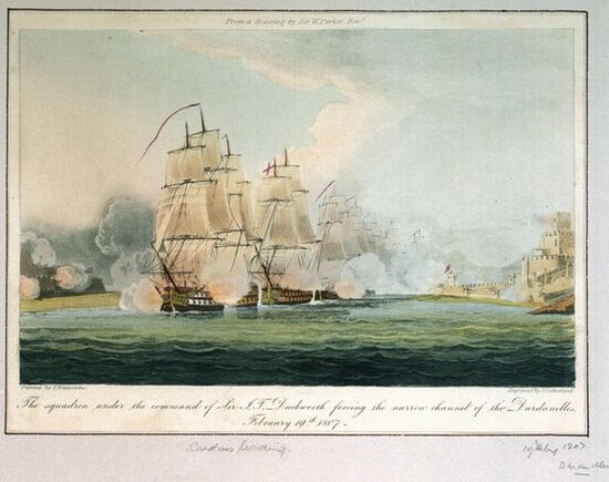 Thomas Whitcombe's depiction of Duckworth's squadron forcing the Dardanelles