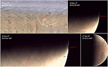 A 700 kilometer long dust storm front (marked by the red arrow) as viewed from orbit at different angles. The red circle of Martian terrain is just for orientation. Dust clouds over Mars ESA384856.jpg