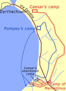 Depiction of the battle lines at Dyrrhachium. Caesar's forces in red; Pompey's in blue. Dyrrhachium 48 en.png