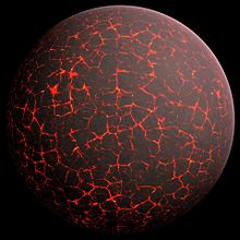 Una ilustración artística de cómo podría haber sido la Tierra en sus inicios. En esta imagen, la Tierra parece fundida, con huecos rojos de lava que se separan con placas de material dentadas y aparentemente enfriadas.