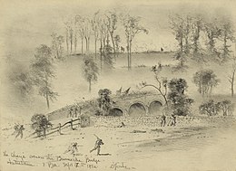 Charge of the 51st New York Infantry and 51st Pennsylvania Infantry regiments across Burnside's Bridge, by Edwin Forbes. Edwin Forbes - The Charge across the Burnside Bridge.jpg