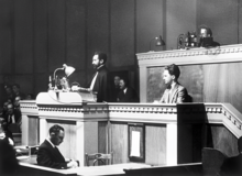 Haile Selassie I at the League of Nations appealing Italy's invasion in 1936 which the League failed to intervene Emperor Haile Selassie League of Nations speech.png