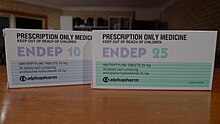 Two boxes of amitriptyline (Endep; produced by Alphapharm, Australian market) in 10 and 25 mg doses EndepBoxes.JPG