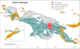 Gamma delle lingue Engan in Nuova Guinea, in rosso sulla mappa.