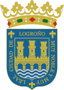 Escudo con corona ducal y leyenda «Muy noble y muy leal ciudad de Logroño», presente desde 1860.