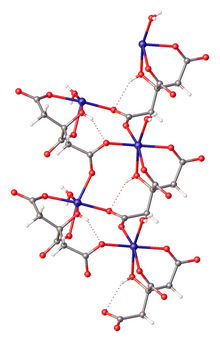 Structure of the anionic coordination polymer {[Fe(C6H5O7)(H2O)] }n. (legend: red = O, gray = C, blue = Fe, white = H). FEACIT.png