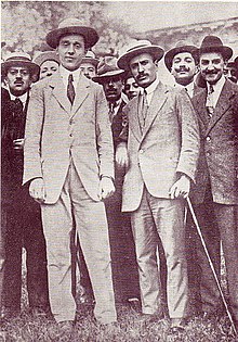 Filippo Corridoni with Benito Mussolini during a 1915 interventionist demonstration in Milan Filippo Corridoni con Mussolini 1915 Milano.jpg