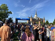 Photo of the marathon finish line at University Avenue in Provo, Utah on Saturday, June 5, 2021. Finish Line Utah Valley Marathon 2021.jpg