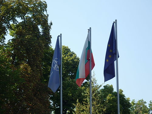 Flags of NATO, Bulgaria, European Union at the Military club of Plovdiv, Bulgaria.