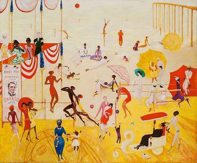 Van Vechten is depicted in Asbury Park South, 1920 painting by Jazz Age artist Florine Stettheimer. Amid a summer crowd in Asbury Park, the artist is 