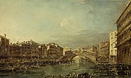 Francesco Guardi - A Canal Grande reg de Rialtobrug te Venetië reggeli.