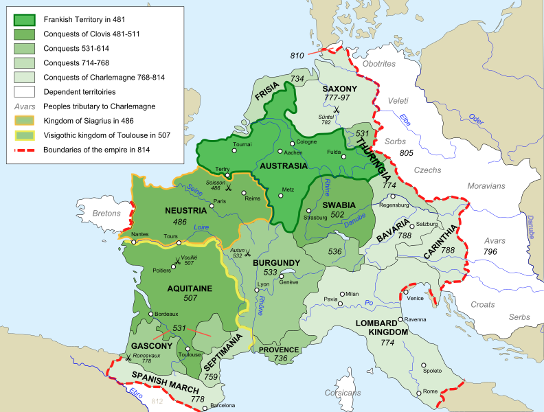 Mapa de la expansión del Imperio Franco, entre 481 y 814.