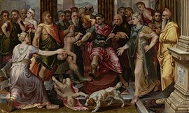 Frans Floris (I) - Het oordeel van Salomo, de twee moeders komen voor Salomo en ruziën bertemu elkaar (1 Koningen 3-16-22) - 663 - Royal Museum of Fine Arts Antwerp.jpg