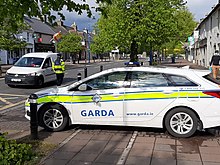 A Garda checkpoint on the main street of Maynooth, County Kildare in April 2020. Garda checkpoint during the 2020 coronavirus pandemic.jpg