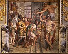 Король франков Пипин III, победитель короля Астольфо, дарит Равенну и Пентаполис папе Стефану II. 1565-1568. Фреска Царского зала (Sala Regia), Ватикан