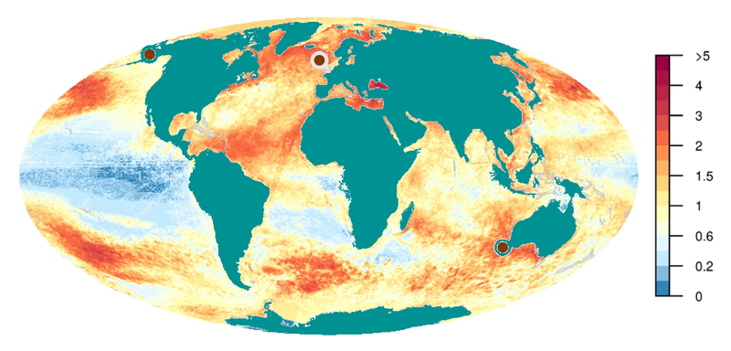 Global cumulative human impact on the ocean[1][2]