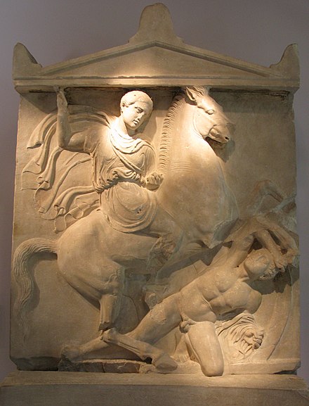 Athenian cavalryman Dexileos fighting a naked Peloponnesian hoplite in the Corinthian War.[21] Dexileos was killed in action near Corinth in the summer of 394 BC, probably in the Battle of Nemea,[21] or in a proximate engagement.[22] Grave Stele of Dexileos, 394-393 BC.
