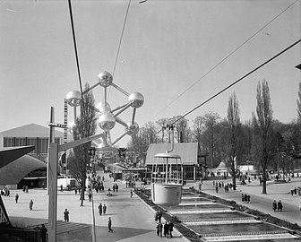 View of the exhibition's main avenue and gondola lift towards the Atomium