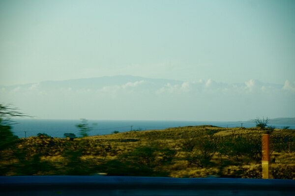 Haleakala as seen looking northwest from Big Island, Hawaii, near Kawaihae, 85 kilometers (53 mi) away