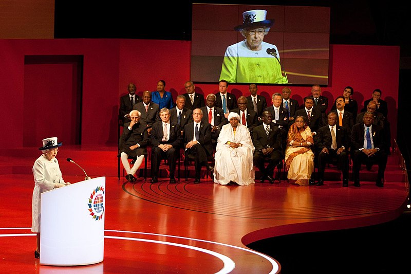 File:Her Majesty Queen Elizabeth II delivering the inaugural address at the CHOGM 2011 at Perth Convention and Exhibition Centre, in Australia. The Vice President, Shri Mohd. Hamid Ansari and other Heads of States are also seen.jpg