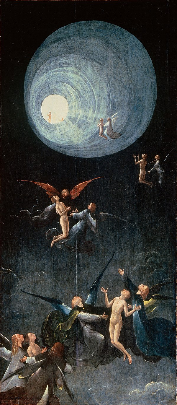 Hieronymus Bosch's Ascent of the Blessed depicts a tunnel of light and spiritual figures, often described in reports of near-death experiences.