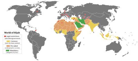 Map showing prevalence of hijab wearing across the world and indicating countries where there are restrictions on wearing it