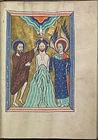 Images from the life of Christ - The baptism of Christ by St John the Baptist, an angel holds Christ's robe - Psalter of Eleanor of Aquitaine (ca. 1185) - KB 76 F 13, folium 019r.jpg