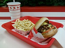 An example of foods served as a fast food combination meal In-N-Out Burger hamburger, fries and soda.jpg