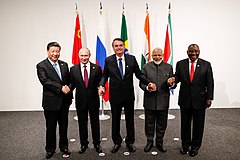 Modi with other BRICS leaders in 2019. Left to right: Xi, Putin, Bolsonaro, Modi and Ramaphosa. Informal meeting of the BRICS during the 2019 G20 Osaka summit.jpg
