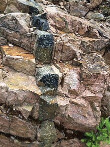 Intrusive dike with chilled margins, near Terrace Bay, Ontario, Canada. Intrusive dike..jpg