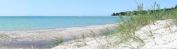 Iron Ore Bay on the southern part of Beaver Island. North Fox Island is visible on the horizon.