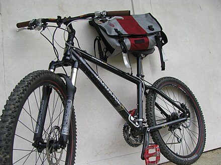 A typical mountain bike. Notice the front shock absorbers, triangular frame, disk brakes, and heavy duty tires