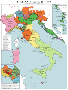 The states of the Italian Peninsula in 1789. The territories of the Republic of Venice are shown in green, both on the Italian mainland (Terraferma), as well as its overseas possessions (Venetian Dalmatia and the Venetian Ionian Islands) Italian States in 1789.png