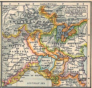 1796년 이탈리아 북부. 모데나와 교황령(모두 오른쪽 아래)이 치스파다나 공화국으로 합병되었다.