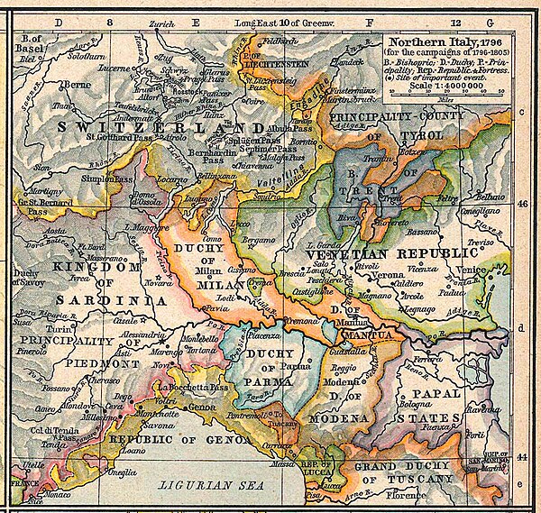 Northern Italy in 1796. Modena and Papal Legations (all lower right) were merged into the Cispadane Republic.