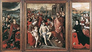 interior: The resurrection of Lazarus. between 1547 and 1549 date QS:P,+1547-00-00T00:00:00Z/8,P1319,+1547-00-00T00:00:00Z/9,P1326,+1549-00-00T00:00:00Z/9 . Panel. 145 × 125 cm (57 × 49.2 in) (central panel), 151.5 × 57 cm (59.6 × 22.4 in) (wings). City of Brussels, Royal Museums of Fine Arts of Belgium.