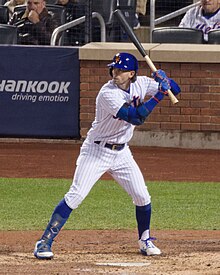 McNeil batting with a knobless bat in 2022. Jeff McNeil at bat, Oct 09 2022 (cropped).jpg