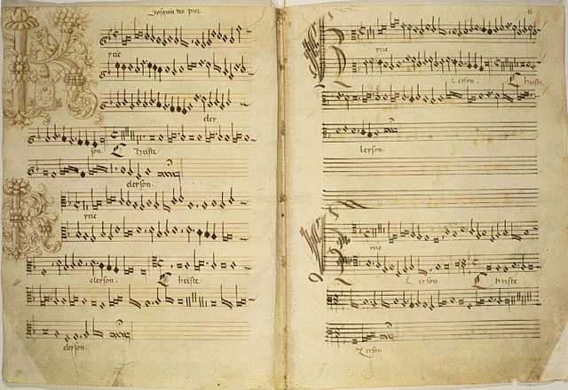 Early 16th century choirbook with Josquin's Missa de Beata Virgine (Biblioteca Apostolica Vaticana, MS Cappella Sistina 45, folios 1v–2r.).