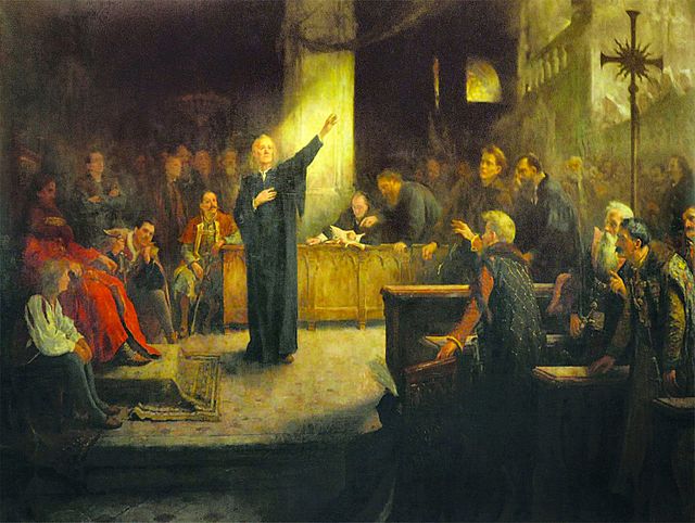 Ferenc Dávid holding his speech at the Diet of Torda (1568), in the Kingdom of Hungary (today Turda, Romania). Painting by Aladár Körösfői-Kriesch (18