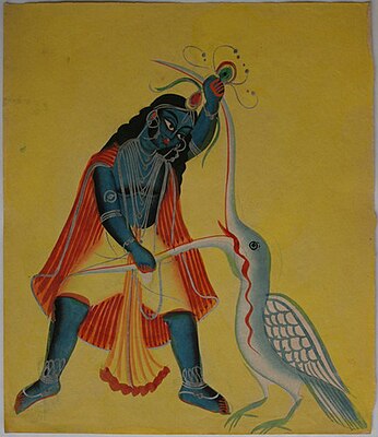 Krishna killing Bakasura, still of Harivamsa from Mahabharata.