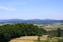 The Kellerwald in the West Hesse Highlands, with the Hohes Lohr (656.7 m, l), Jeust (585.0 m, m) and Wustegarten (675.3 m, r); in front are the Gilserberg Heights Kellerwald ges2.jpg