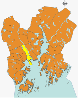 Lokasi tempatkan diri, ditampilkan dalam warna kuning, di Kristiansand