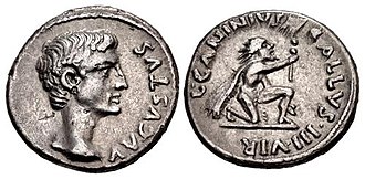Denarius of Lucius Caninius Gallus, moneyer in 12 BC. L. Caninius Gallus, denarius, 12 BCE, RIC 416.jpg