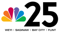 The NBC peacock next to a sans serif "25" in black", with the words below "W E Y I / Saginaw / Bay City / Flint"