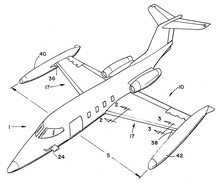 Gates Learjet patent filed June 24, 1976, showing the initial learjet configuration with tip tanks