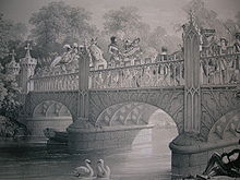 The Lord of the Tournament (Earl of Eglinton) and his esquires and retainers crossing the bridge. Lord of the Tournament & his esquires & retainers.JPG