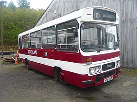 Lothian Region Transport preserved bus 173 Leyland Cub Duple Dominant HSC 173X Madder and White livery, Scottish Vintage Bus Museum, 16 May 2010.jpg